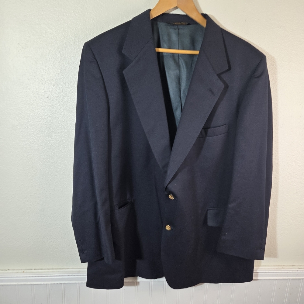 Botany 500 Mens Blazer Jacket 46R Navy Blue Vintage Made USA Sport Coat Gold